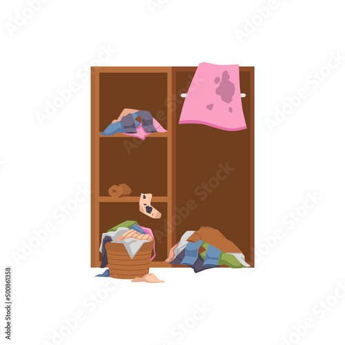 Closet piled with dirty things, clothes on white background, flat vector illustration.