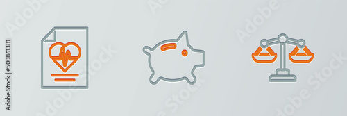 Set line Scales of justice, Health insurance and Piggy bank icon. Vector