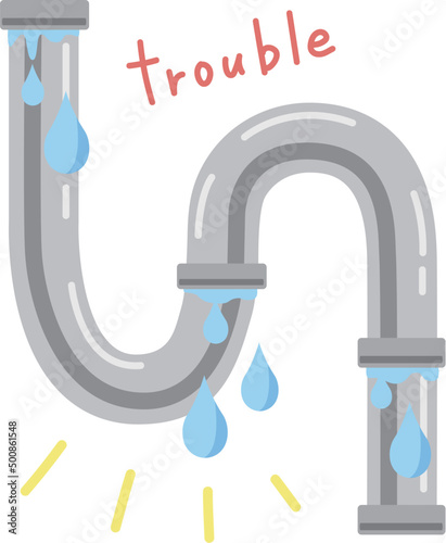 S字の水道管のトラブルのイラスト（Sトラップ・水漏れ・破損）