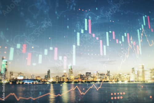 Abstract creative financial graph interface and world map on Chicago skyline background, forex and investment concept. Multiexposure