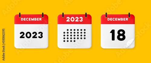 Calendar icon. December. 2023 18 day. The concept of waiting for an important date. Calendar with raised pages. Red calendar isolated on yellow background. 3d vector illustration. photo