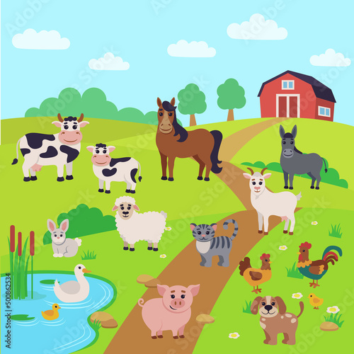 Farm animals in the field. Duck Pond