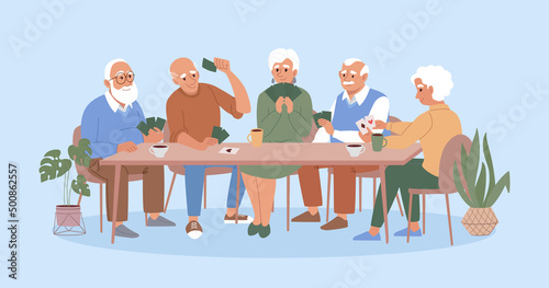 Retirement age people have fun playing card board games. Elderly people spend time together while play bridge or poker. Old men and aged women are friends in retirement home. Flat vector illustration