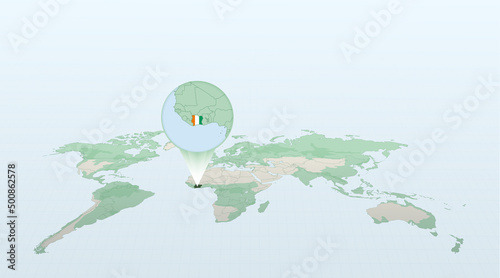 World map in perspective showing the location of the country Ivory Coast with detailed map with flag of Ivory Coast.