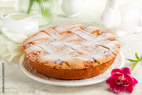 Italian Easter cake. Pastiera Napoletana. Traditionally made with  pre-cooked wheat grains, grano cotto, ricotta cheese and orange flower water. photo
