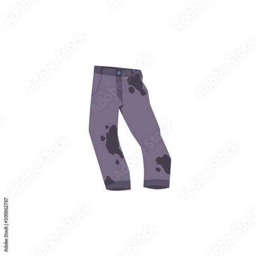 Gray dirty pants with spots, stains on white backgroundvector flat illustration.