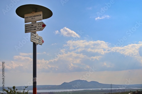 A view to the Palava hills with signpost in front near Popice, Czech republic