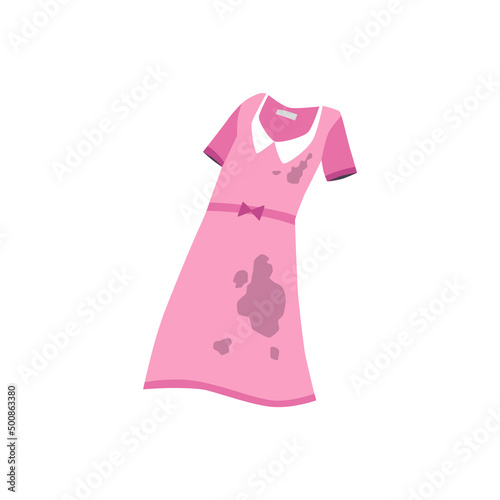 Dirty smely pink dress with many stains in flat vector illustration isolated