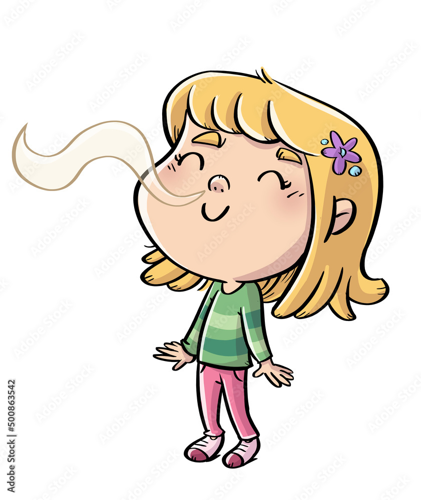 Fototapeta premium illustration of a little girl smelling a scent