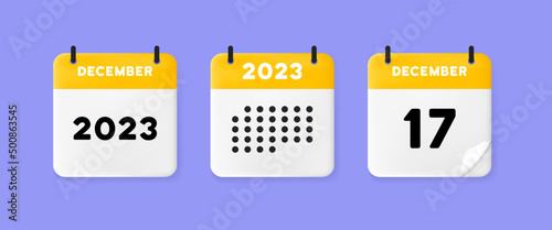 calendar icon. December. 2023 17 day. The concept of waiting for an important date. Calendar with raised pages. Yellow calendar isolated on purple background. 3d vector illustration. photo