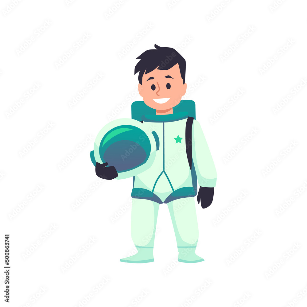 Astronaut kid cartoon character in space suit isolated on white background