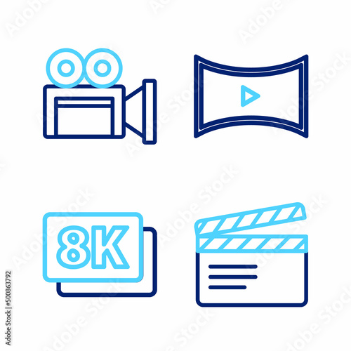 Set line Movie clapper, 8k Ultra HD, Online play video and Cinema camera icon. Vector