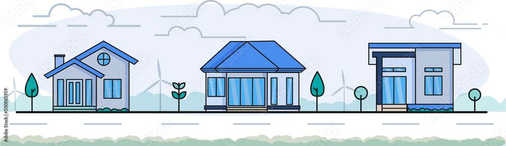 Set of house landscape village street scene. Tree clouds plant green area. Flat color stroke icon. Living for life concept. Set of house landscape village street scene. Tree clouds plant green area. Flat color stroke icon. Living for life concept.
