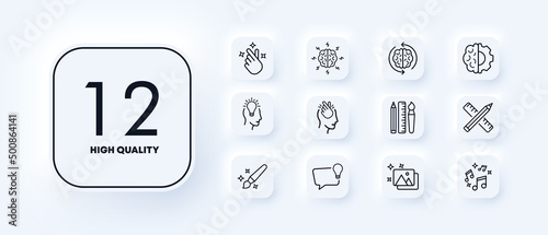 Brain work icons set. New ideas. Thinking about decisions. Making decisions. Inspiration. Neomorphism style. vector eps 10.