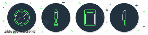 Set line Blender, Cutting board, and Knife icon. Vector