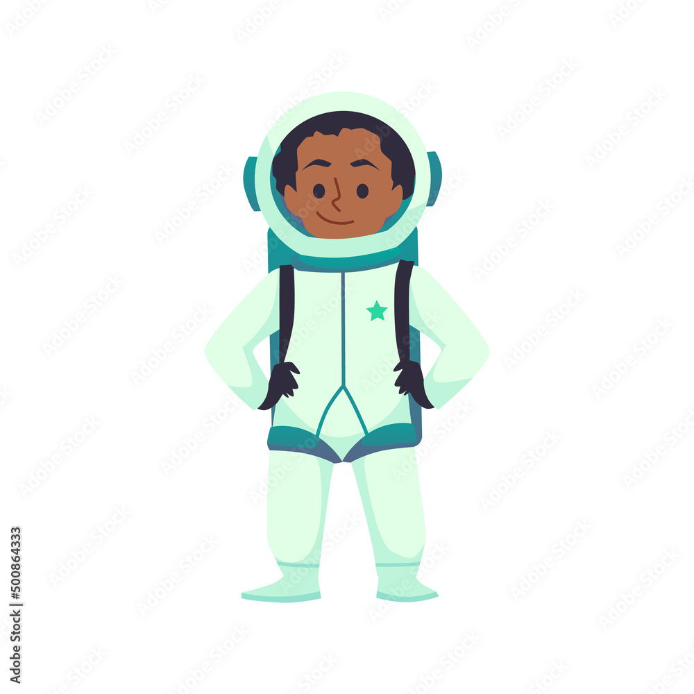 Astronaut african kid cartoon character in space suit isolated on white