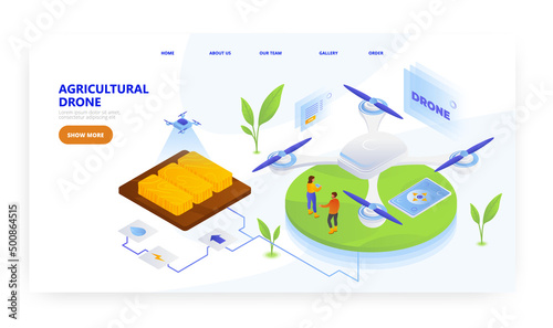 Agricultural drone, landing page design, website banner vector template. Smart farm, modern agriculture technology.