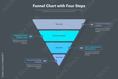 Funnel chart template with four colorful steps - dark version. Easy to use for your website or presentation.