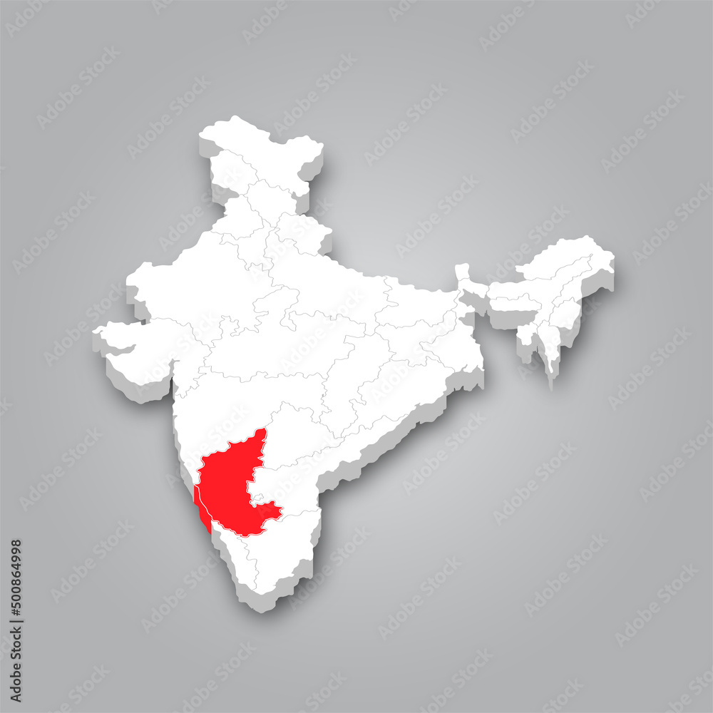 3D Map of India and the Location of the State of Karnataka Marked in Red.
