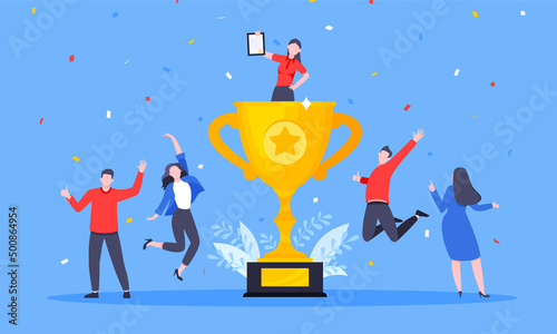 Employee recognition or proud workers of the month business concept flat style design vector illustration. Young adult people jump in the air near trophy cup.