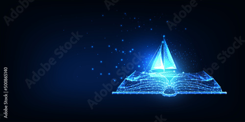 Futuristic imagination, storytelling, inspiration concept with glowing open book and sail boat