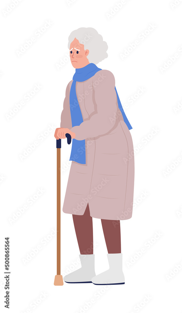 Worried old woman with walking stick semi flat color vector character. Standing figure. Full body person on white. Simple cartoon style illustration for web graphic design and animation Worried old woman with walking stick semi flat color vector character. Standing figure. Full body person on white. Simple cartoon style illustration for web graphic design and animation