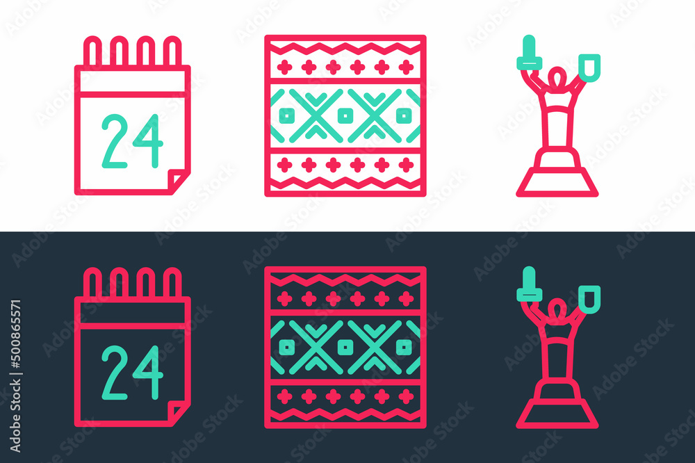 Fototapeta premium Set line Mother Motherland monument, Independence day of Ukraine and Ukrainian ethnic pattern icon. Vector