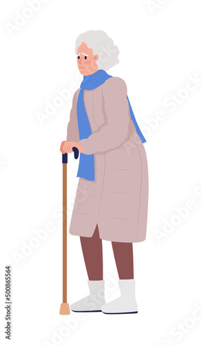 Worried old woman with walking stick semi flat color vector character. Standing figure. Full body person on white. Simple cartoon style illustration for web graphic design and animation