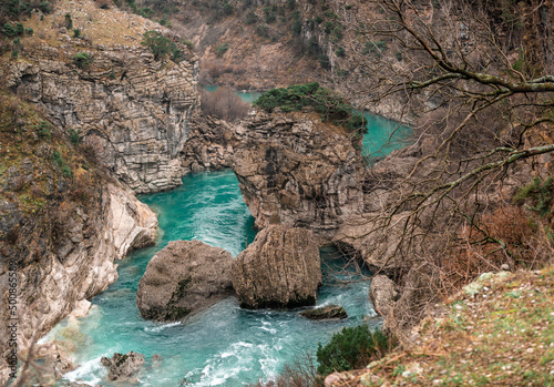 River Moraca, canyon Platije. montenegro, canyon, mountain road. Picturesque journey along roads of Montenegro among rocks and tunnels photo