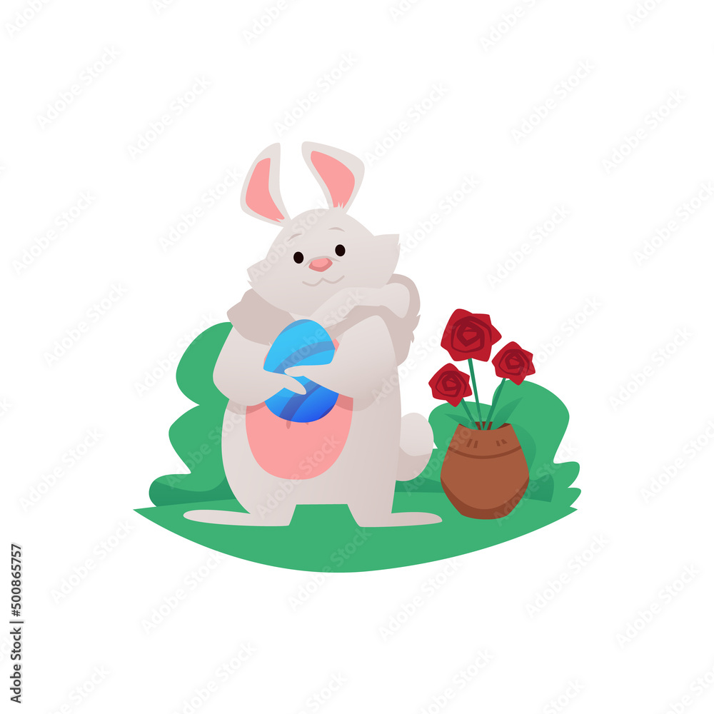 Cute cartoon easter rabbit stands on lawn and holds colored egg in paws flat style