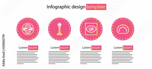 Set line Flag of Ukraine, Dumplings, Monument Independence and Ukrainian hryvnia icon. Vector
