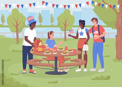 Picnic to celebrate Independence day in park flat color vector illustration. Young friends have fun at July fourth. National American holiday 2D simple cartoon characters with landscape on background