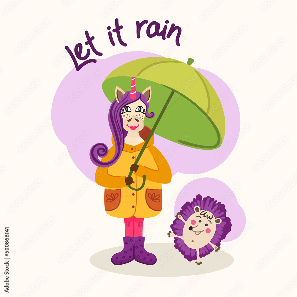 Let it rain card. Flat style illustration. Friends the unicorn and the hedgehog go under the umbrella. Rainy autumn. Decorative poster with friends and handwritten inscription. day. Let it rain card. Flat style illustration. Friends the unicorn and the hedgehog go under the umbrella. Rainy autumn. Decorative poster with friends and handwritten inscription. day.