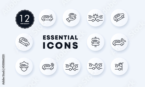 Machine icons set. Driving training. Descent and ascent from the hill. Accident. Insurance. Sale of a car. Car service. Neomorphism style. Vector eps 10.
