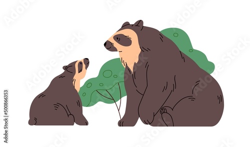 Spectacled bears mother and baby. Wild Andean bicolor animals, big and small. Tropical Jukumari family. Tremarctos ornatus, adult and cub. Flat vector illustration isolated on white background photo
