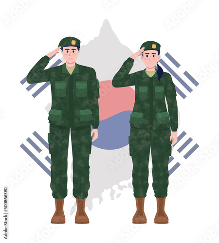 Korean soldiers and map 2D vector isolated illustration. Memorial day celebration flat characters on cartoon background. Patriotic holiday colourful scene for mobile, website, presentation