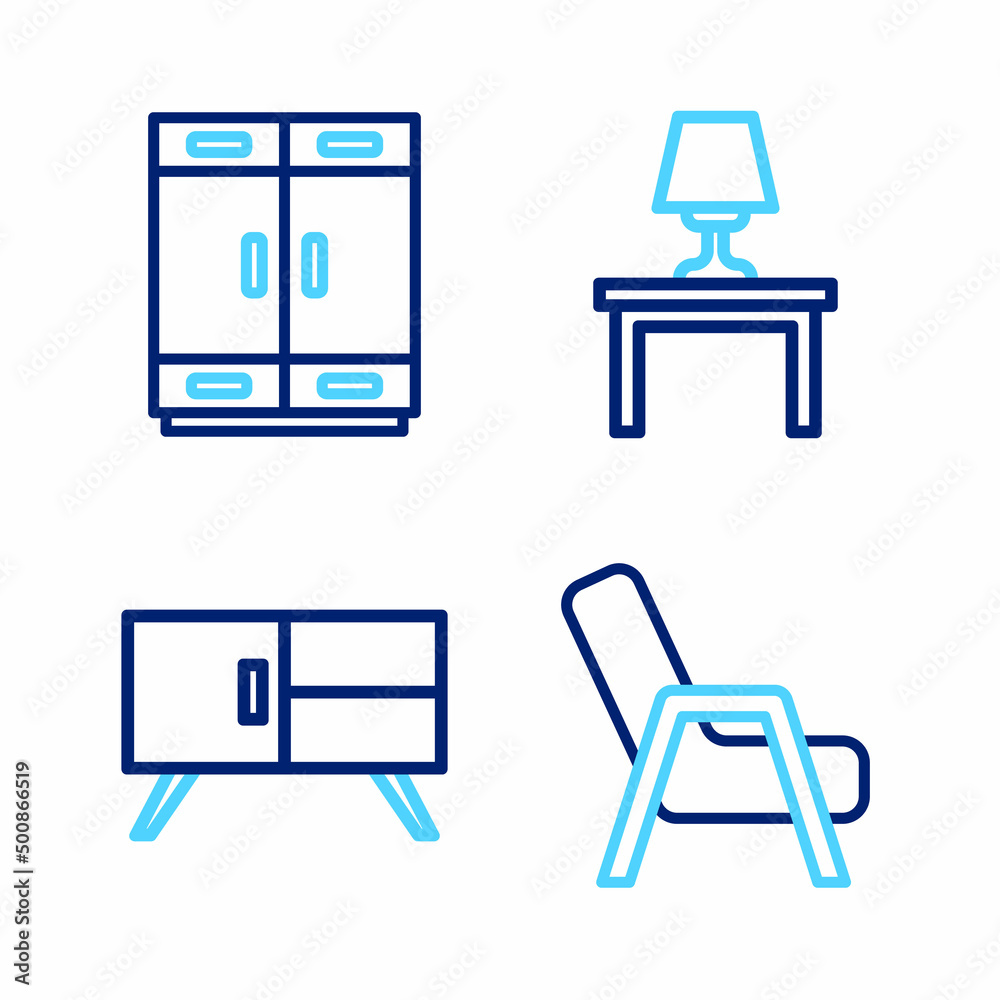 Set line Armchair, Chest of drawers, Table lamp on table and Wardrobe icon. Vector