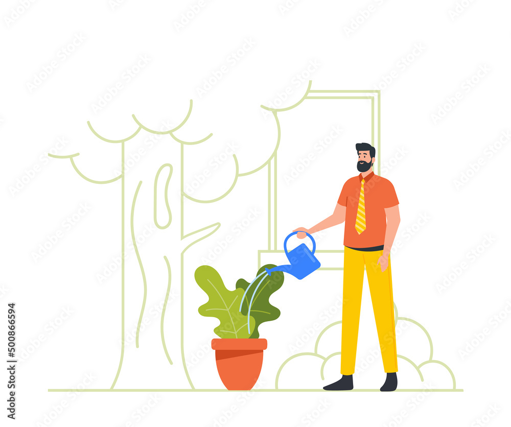 Business Man Watering Green Potted Plant in Office, Male Employee Character Care of Flowers in Working Room Business Man Watering Green Potted Plant in Office, Male Employee Character Care of Flowers in Working Room