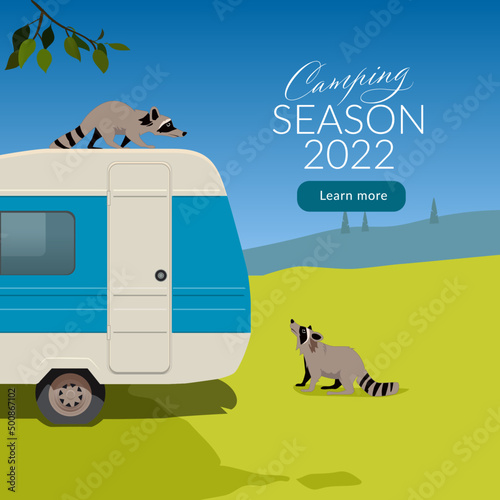 Summer camp poster. Summer travel illustration. Vector illustration