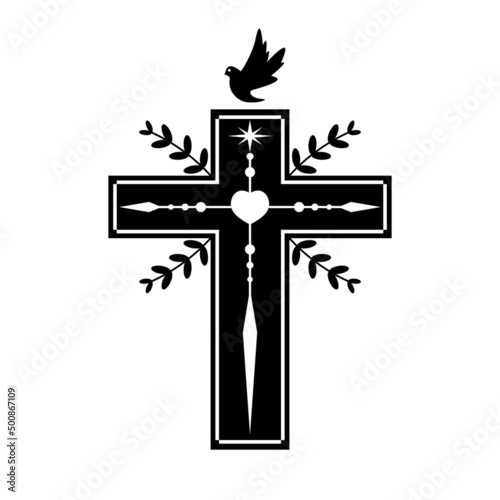 Christian crucifix cross with heart and pigeon bird black icon on white background flat vector icon design.