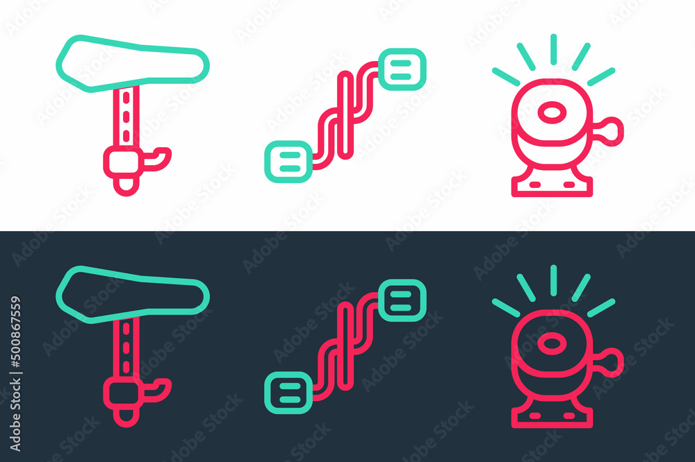 Set line Bicycle bell, seat and pedals icon. Vector