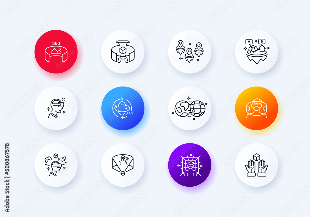 Virtual reality icons set. virtual area. Panorama. Orientation in space. Newest technologies. Fun time. Virtual reality helmet. 3D objects. 360 degrees. Neomorphism style Virtual reality icons set. virtual area. Panorama. Orientation in space. Newest technologies. Fun time. Virtual reality helmet. 3D objects. 360 degrees. Neomorphism style