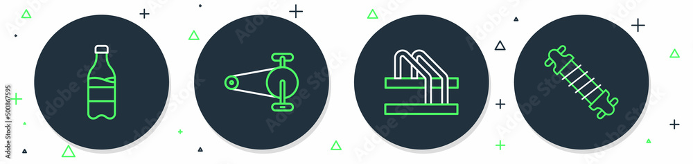 Set line Bicycle chain with gear, parking, Sport bottle water and suspension icon. Vector Set line Bicycle chain with gear, parking, Sport bottle water and suspension icon. Vector