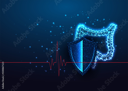 Futuristic abdomen health protection, healthy digestion concept with glowing intestine and shield 