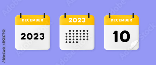 calendar icon. December. 2023 10 day. The concept of waiting for an important date. Calendar with raised pages. Yellow calendar isolated on purple background. 3d vector illustration.