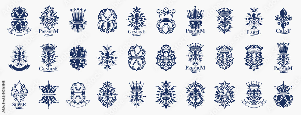 Crowns vintage heraldic emblems vector big set, antique heraldry symbolic badges and awards collection with coronets, classic style design elements, family emblems.