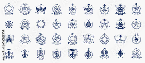 Heraldic Coat of Arms with stars vector big set, vintage antique heraldic badges and awards collection, symbols in classic style design elements, family or business logos.