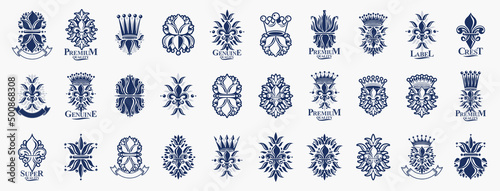 Crowns vintage heraldic emblems vector big set, antique heraldry symbolic badges and awards collection with coronets, classic style design elements, family emblems.