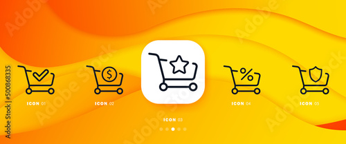 Trolley icons set. Product search. Purchase. Loading and unloading the cart. Check mark. Discount. Vector eps 10