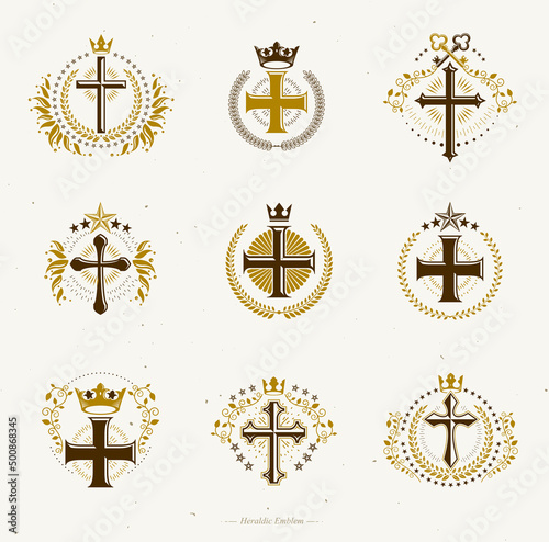Christian Crosses emblems set. Heraldic Coat of Arms decorative logos isolated vector illustrations collection.